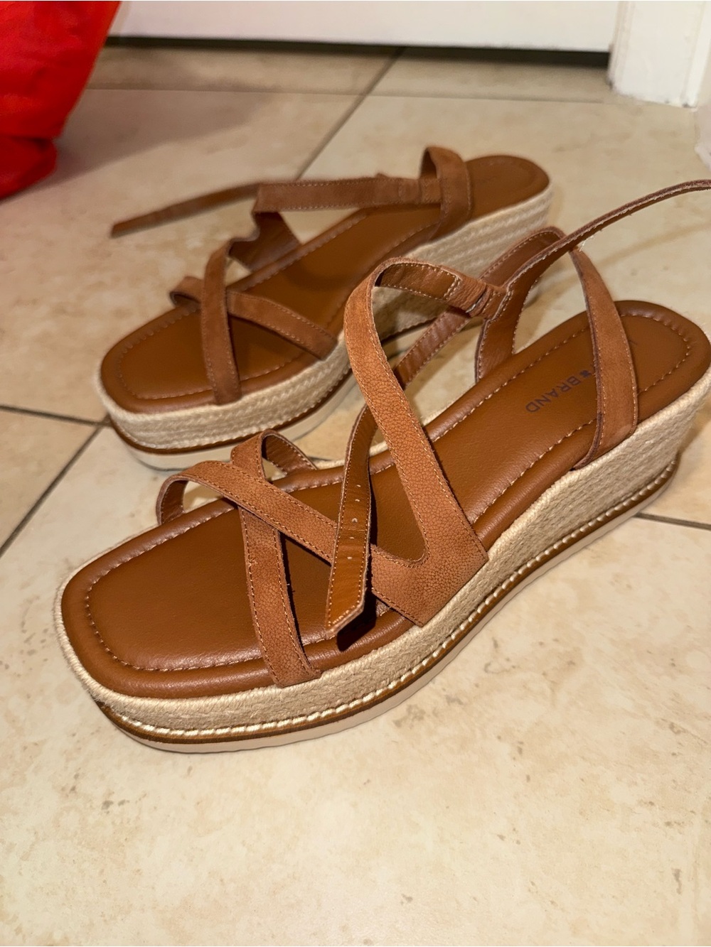 Lucky Brand Tan Leather Crisscross Wedge Sandals